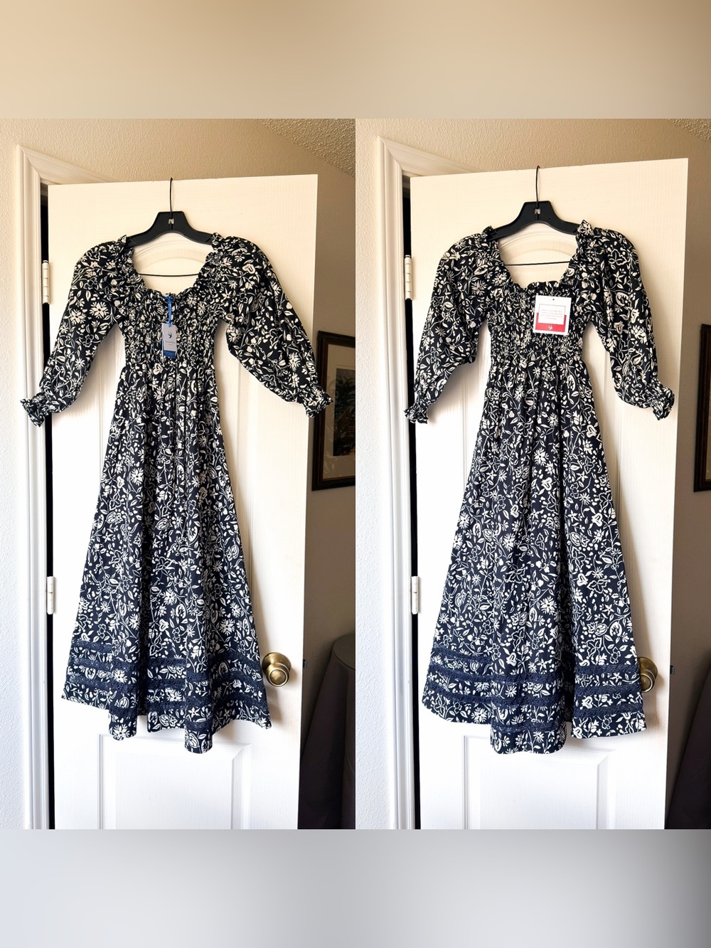 Mi Golondrina Mila Floral Negro Nieve Smocked Midi Dress XS NWT